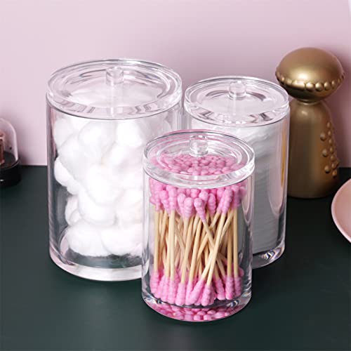 MOSIKER Cotton Ball Qtip Holder Dispenser with Lid,Clear Acrylic Round Bathroom Counter Organizer (3 Connected Towers)