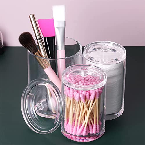 MOSIKER Cotton Ball Qtip Holder Dispenser with Lid,Clear Acrylic Round Bathroom Counter Organizer (3 Connected Towers)