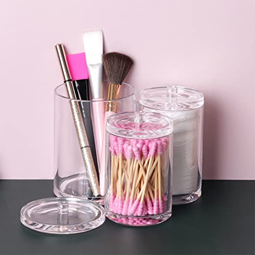 MOSIKER Cotton Ball Qtip Holder Dispenser with Lid,Clear Acrylic Round Bathroom Counter Organizer (3 Connected Towers)