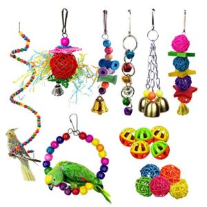 kathson 17 packs bird toys parrot swing chewing toys, hanging bell birds cage toys colorful toy for small parakeets, conures, cockatiels, macaws, finches, love birds