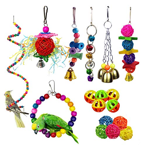 kathson 17 Packs Bird Toys Parrot Swing Chewing Toys, Hanging Bell Birds Cage Toys Colorful Toy for Small Parakeets, Conures, Cockatiels, Macaws, Finches, Love Birds