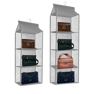 sqian 2 pack hanging handbag purse organizer for closet, purse bag storage holder for wardrobe close with 1pcs 4 shelves space and 1pcs 3 shelves space saving purse organizers system (grey).