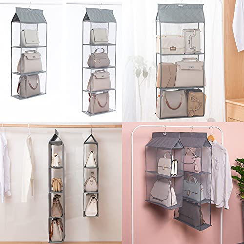 SQian 2 Pack Hanging Handbag Purse Organizer for Closet, Purse Bag Storage Holder for Wardrobe Close with 1pcs 4 Shelves Space and 1pcs 3 Shelves Space Saving Purse Organizers System (Grey).