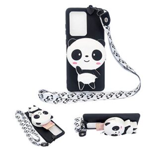 girlyard for samsung galaxy s21 ultra 6.8 inch silicone case with 3d cartoon zipper wallet purse stand holder back cover and long detachable lanyard strap phone case for kids girls, black panda