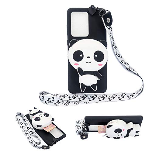 Girlyard for Samsung Galaxy S21 Ultra 6.8 Inch Silicone Case with 3D Cartoon Zipper Wallet Purse Stand Holder Back Cover and Long Detachable Lanyard Strap Phone Case for Kids Girls, Black Panda