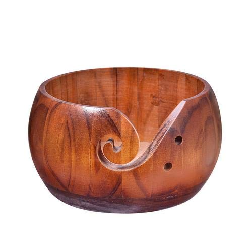 Augustusws Wooden Yarn Bowl Holder, Handmade Rosewood Woven Round Storage Basket Bowl Organizer wiht Holes for Knitting & Crochet