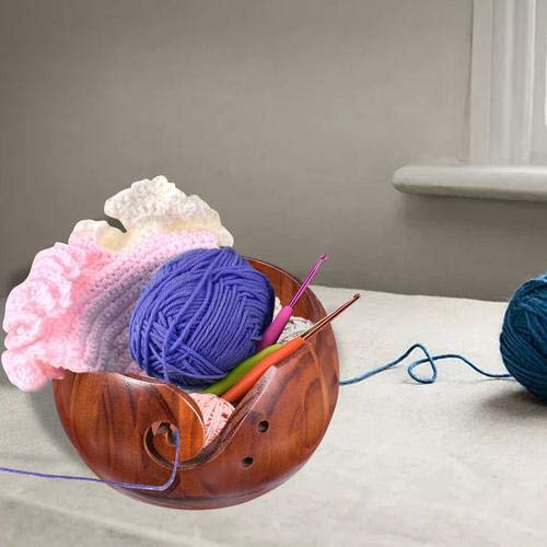 Augustusws Wooden Yarn Bowl Holder, Handmade Rosewood Woven Round Storage Basket Bowl Organizer wiht Holes for Knitting & Crochet