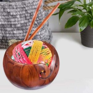 Augustusws Wooden Yarn Bowl Holder, Handmade Rosewood Woven Round Storage Basket Bowl Organizer wiht Holes for Knitting & Crochet