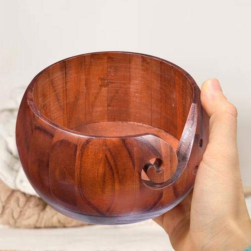 Augustusws Wooden Yarn Bowl Holder, Handmade Rosewood Woven Round Storage Basket Bowl Organizer wiht Holes for Knitting & Crochet