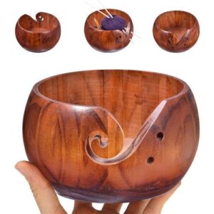 Augustusws Wooden Yarn Bowl Holder, Handmade Rosewood Woven Round Storage Basket Bowl Organizer wiht Holes for Knitting & Crochet