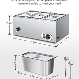 3- Pan Commercial Bain Marie Buffet Food Warmer Large Capacity 21 Quart Electric Steam Table 6'' Deep Stainless Steel Countertop Food Warmer for Parties, Catering and Restaurants