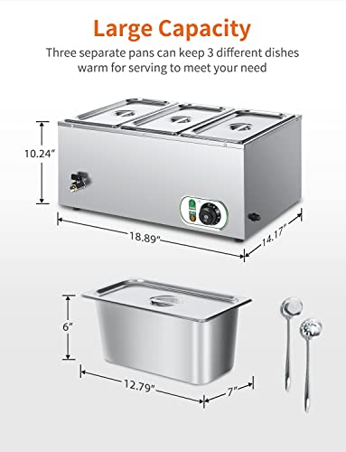 3- Pan Commercial Bain Marie Buffet Food Warmer Large Capacity 21 Quart Electric Steam Table 6'' Deep Stainless Steel Countertop Food Warmer for Parties, Catering and Restaurants