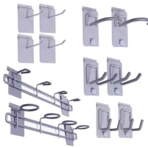 crownwall slat wall accessories heavy duty steel locking hook kit slatwall panels, easy storage and organization for sports gear and equipment (12-piece)