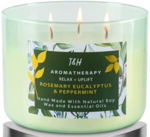 rosemary eucalyptus & peppermint scented candle with lavender & thyme, refreshing stress relief aromatherapy candle 3-wick 15.8 oz, strong eucalyptus mint candles for home scented, natural soy candles