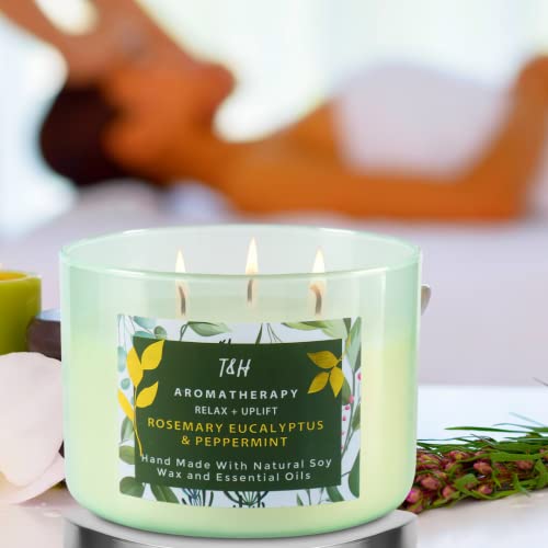 Rosemary Eucalyptus & Peppermint Scented Candle with Lavender & Thyme, Refreshing Stress Relief Aromatherapy Candle 3-Wick 15.8 oz, Strong Eucalyptus Mint Candles for Home Scented, Natural Soy Candles