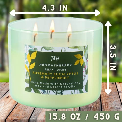 Rosemary Eucalyptus & Peppermint Scented Candle with Lavender & Thyme, Refreshing Stress Relief Aromatherapy Candle 3-Wick 15.8 oz, Strong Eucalyptus Mint Candles for Home Scented, Natural Soy Candles