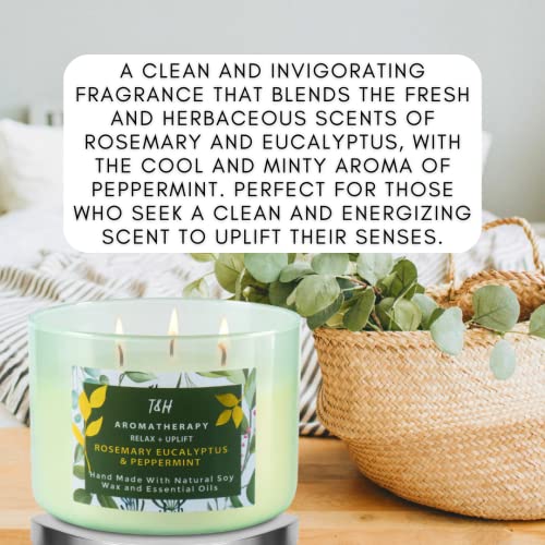 Rosemary Eucalyptus & Peppermint Scented Candle with Lavender & Thyme, Refreshing Stress Relief Aromatherapy Candle 3-Wick 15.8 oz, Strong Eucalyptus Mint Candles for Home Scented, Natural Soy Candles