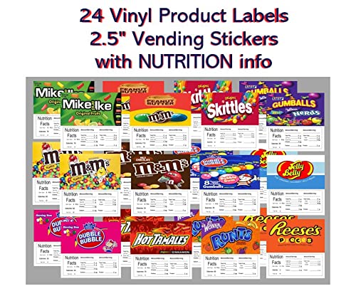 2.5" Candy Vending Machine Nutrition Labels Stickers (24 Pack)