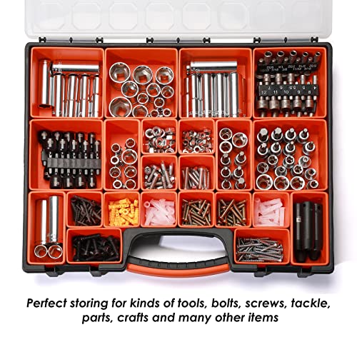 MIXPOWER Portable Storage Organizer with Secure Locks, 16-Inch Tool box with 22 Bin Compartments, Multi-Purpose Portable Plastic Professional Organizer, Orange/Clear