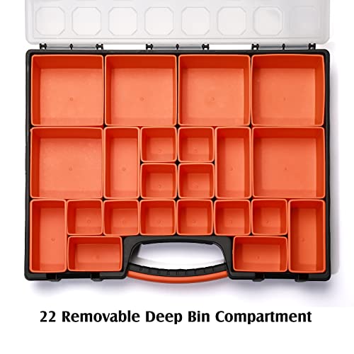 MIXPOWER Portable Storage Organizer with Secure Locks, 16-Inch Tool box with 22 Bin Compartments, Multi-Purpose Portable Plastic Professional Organizer, Orange/Clear