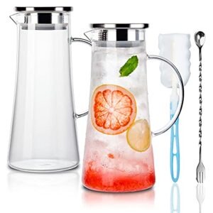 creativeland 1.4 liter 47 ounces high borosilicate glass carafe/pitcher set of 2 with stainless steel flip-top lid,hot/cold water jug,juice/iced tea,wine,coffee,milk beverage carafe.(set of 2/1.4l)