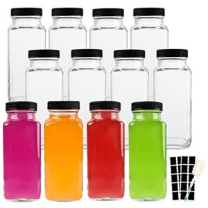 hingwah 8.5 oz glass drink bottles, set of 12 vintage glass water bottles with lids, great for storing juices, milk, beverages, kombucha and more ( labels and sponge brush included)