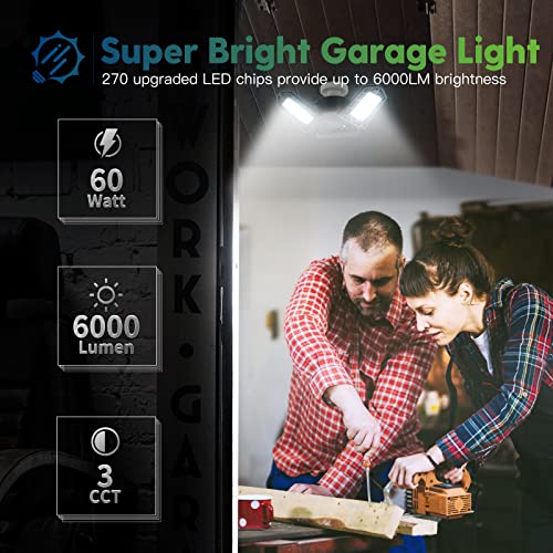 2-Pack 3CCT LED Garage Light with 3 Deformable Panels, 60W 6000LM with E26/27 Medium Base, 3000K/4000K/6000K Selectable Triple LED Garage Lighting, Screw in LED Tri Light for Attic, Basement(Black)