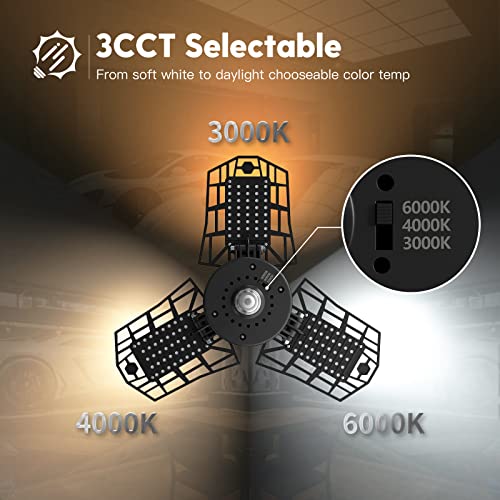 2-Pack 3CCT LED Garage Light with 3 Deformable Panels, 60W 6000LM with E26/27 Medium Base, 3000K/4000K/6000K Selectable Triple LED Garage Lighting, Screw in LED Tri Light for Attic, Basement(Black)