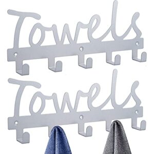 Towel Hooks Bath Towel Rack Holder & Organizer, Decorative Wall Mount 5 Hooks for Bathroom Kitchen Storage Pool Towels Robe Coat 2 Pack -Silver Grey