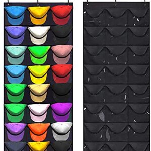 KHIKILY Baseball Hat Rack, 24 Pocket Over-The-Door Cap Organizer with Clear Deep Pockets Wall Mount Bag for Baseball Caps and Hats (Black)