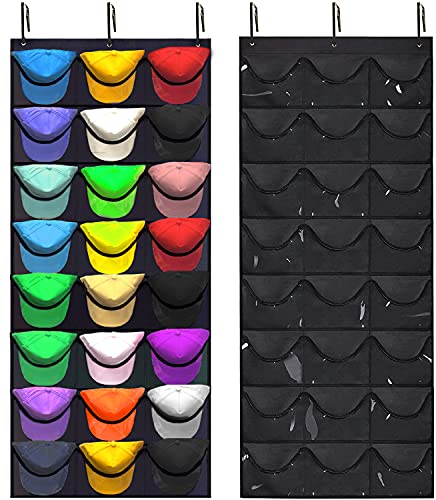 KHIKILY Baseball Hat Rack, 24 Pocket Over-The-Door Cap Organizer with Clear Deep Pockets Wall Mount Bag for Baseball Caps and Hats (Black)