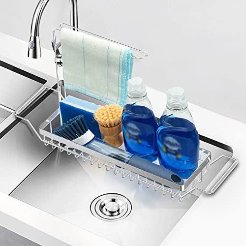 Kitchen Sink Organizer, Telescopic Sink Storage Rack, SUS304 Stainless Sponge Holder for Kitchen Sink, Rust Proof Water Proof, Larger Sink Brush Holder, No Drilling