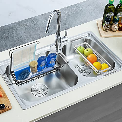 Kitchen Sink Organizer, Telescopic Sink Storage Rack, SUS304 Stainless Sponge Holder for Kitchen Sink, Rust Proof Water Proof, Larger Sink Brush Holder, No Drilling