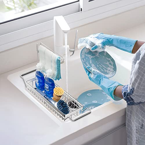 Kitchen Sink Organizer, Telescopic Sink Storage Rack, SUS304 Stainless Sponge Holder for Kitchen Sink, Rust Proof Water Proof, Larger Sink Brush Holder, No Drilling