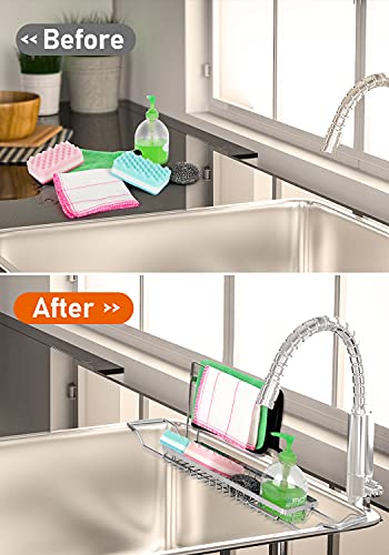 Kitchen Sink Organizer, Telescopic Sink Storage Rack, SUS304 Stainless Sponge Holder for Kitchen Sink, Rust Proof Water Proof, Larger Sink Brush Holder, No Drilling