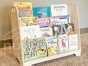 bush acres large montessori bookshelf | toddler bookcase - kids library - montessori wooden furniture | nursery gift | wooden book shelf - made in usa