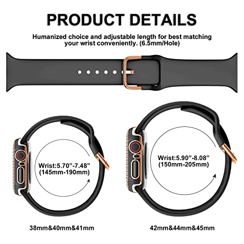 DABAOZA Compatible for Apple Watch Band with Glitter Bumper Case, Women Silicone Soft Comfortable Adjustable Strap with Buckle for iWatch SE Series 8/7/6/5/4/3/2/1 (Black Rosegold, 44mm)