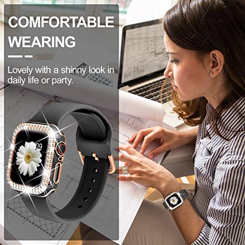 DABAOZA Compatible for Apple Watch Band with Glitter Bumper Case, Women Silicone Soft Comfortable Adjustable Strap with Buckle for iWatch SE Series 8/7/6/5/4/3/2/1 (Black Rosegold, 44mm)