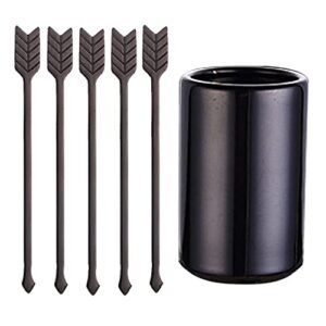 5'' 5pcs stainless steel coffee stir sticks with stirrers holder, metal coffee stirrer reusable, beverage drink cocktail stirrer swizzle stirring sticks black