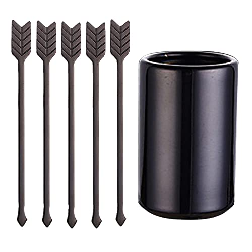 5'' 5Pcs Stainless Steel Coffee Stir Sticks with Stirrers Holder, Metal Coffee Stirrer Reusable, Beverage Drink Cocktail Stirrer Swizzle Stirring Sticks Black