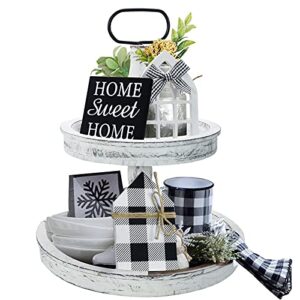 farmhouse decor, two tiered tray white with 3 wood cute signs, wooden rustic modern decorations items for home kitchen shelf coffee bar table