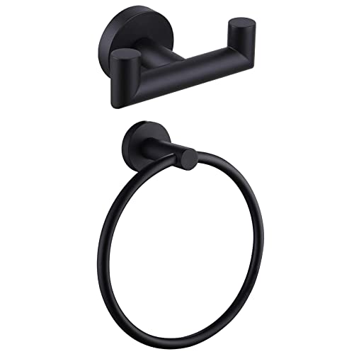 Angle Simple Double Towel Hook Matte Black Bundle with Swivel Towel Ring, Modern Bathroom Accessories