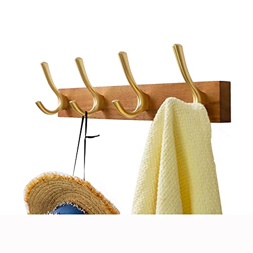 Muso Wood Wall Mounted Coat Rack, Rustic Wooden Coat Rack with 4 Gold Hooks Rail, Double Door Hangers for Coat Towel Bag Organizer Hat Key Cup(Acacia)