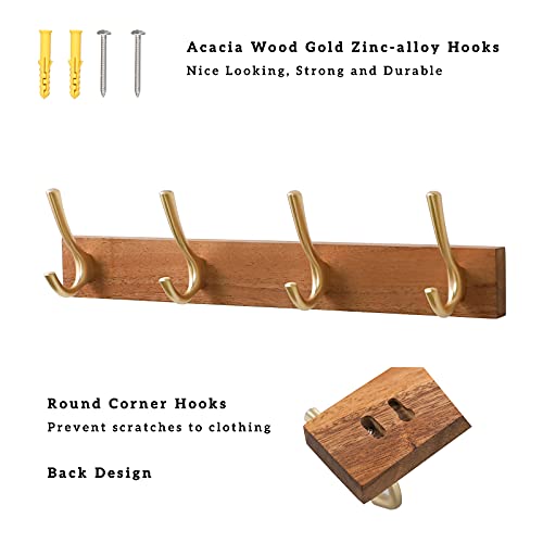 Muso Wood Wall Mounted Coat Rack, Rustic Wooden Coat Rack with 4 Gold Hooks Rail, Double Door Hangers for Coat Towel Bag Organizer Hat Key Cup(Acacia)