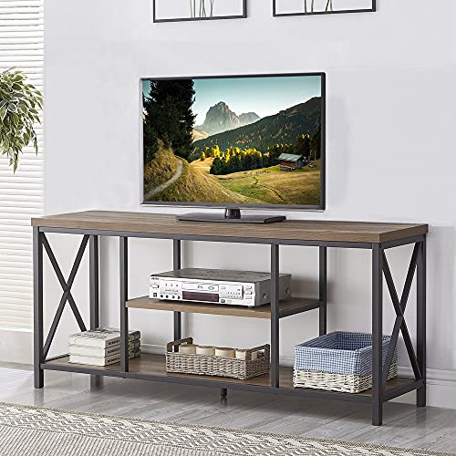 FOLUBAN TV Stand for TV up to 65 inch, Rustic Wood and Metal Entertainment Center with Storage Shelves, Modern Industrial Media TV Console Table for Living Room, Oak 55 inch