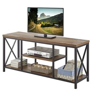 foluban tv stand for tv up to 65 inch, rustic wood and metal entertainment center with storage shelves, modern industrial media tv console table for living room, oak 55 inch
