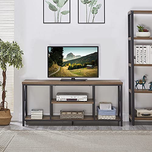 FOLUBAN TV Stand for TV up to 65 inch, Rustic Wood and Metal Entertainment Center with Storage Shelves, Modern Industrial Media TV Console Table for Living Room, Oak 55 inch