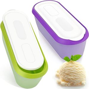 2 Pieces Ice Cream Storage Containers with Lids Set 2.5 Quarts Homemade Ice Cream Tubs, Reusable Cream Container with Non Slip Base Freezer Containers (Green and Purple)