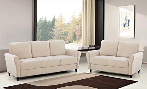 Container Furniture Direct Celestia Mid Century Modern Upholstered Sloped Arms Living Room, Sofa, White Ivory