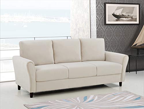 Container Furniture Direct Celestia Mid Century Modern Upholstered Sloped Arms Living Room, Sofa, White Ivory